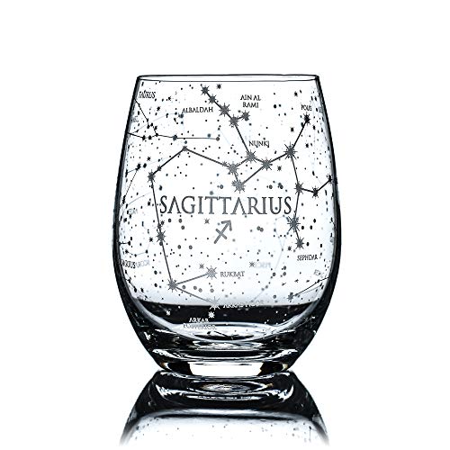 Greenline Goods Sagittarius Stemless Wine Glass - Astrology Sign (Single Glass) - Hand Etched 15 oz – Zodiac Glassware - Star Constellations with Astrological Sign on the Bottom