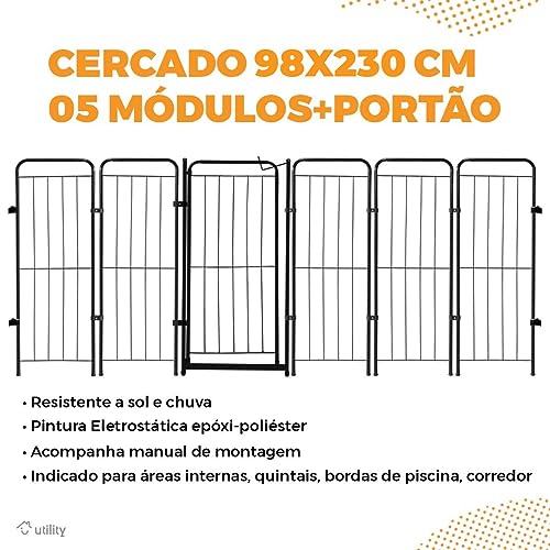 Utility Cercado Dobrável Grande Portão + 5 Módulos 236x98cm Preto