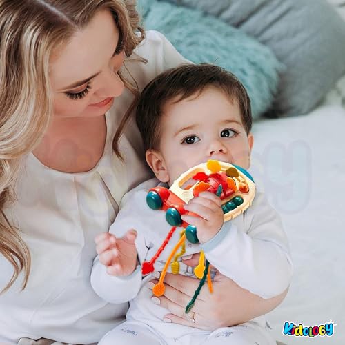 Image of Kidology Pull String Teething Sensory Montessori Baby Girl Travel Toy for 6+Months Boy - Food Grade Silicone Fine Motor Skills Toy (Blue)