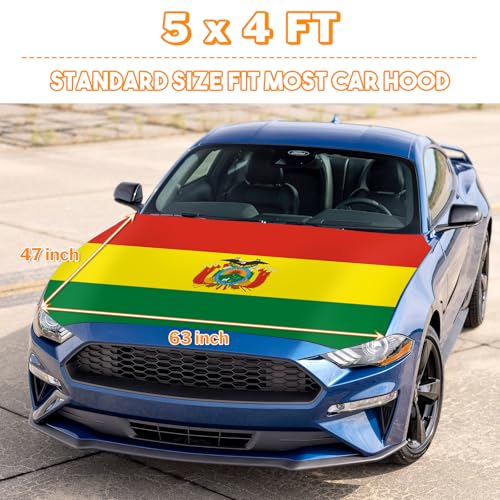 Image of Bolivian Flag Car Hood Cover - 63 inchx47 inch (5x4 FT) Car Hood Cover, Durable Elastic Fabric for Car Decor Fit Most Car, SUV's Hood