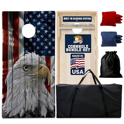Cornhole365 Rustic Eagle and American Flag Cornhole Board Set - Includes Solid Wood Cornhole Board, 8 All-Weather Cornhole Bags, Portable Carrying Case & String Tote Bag Outdoor Game Bundle