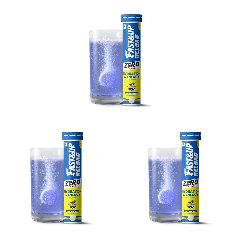 Reload Zero - Zero Sugar Instant Energy & Hydration Drink - Ice Current Flavour - 22 Effervescent Tablets (Pack of 3)