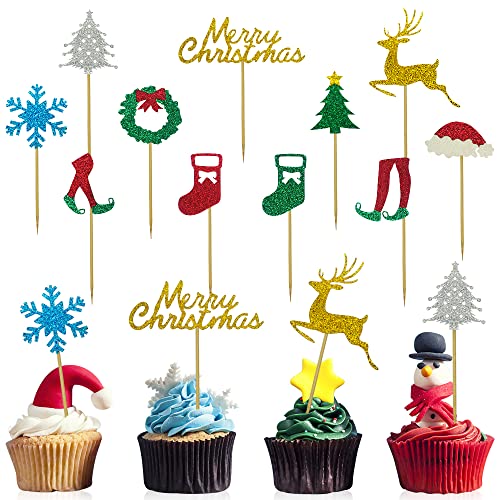 Christmas Cupcake Toppers, Christmas Cake Topper, Merry Christmas Tree Elk Socks Snowflake Cake Cupcake Picks Decorations for Christmas Party Engagement Carnival Celebration Dessert Decor Supply