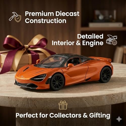 Image of McLaren 720S 1:24 Scale Die-Cast Car Model Orange - Dihedral Butterfly Doors Sound Light Pull-Back Alloy Metal Collectible Toy Car