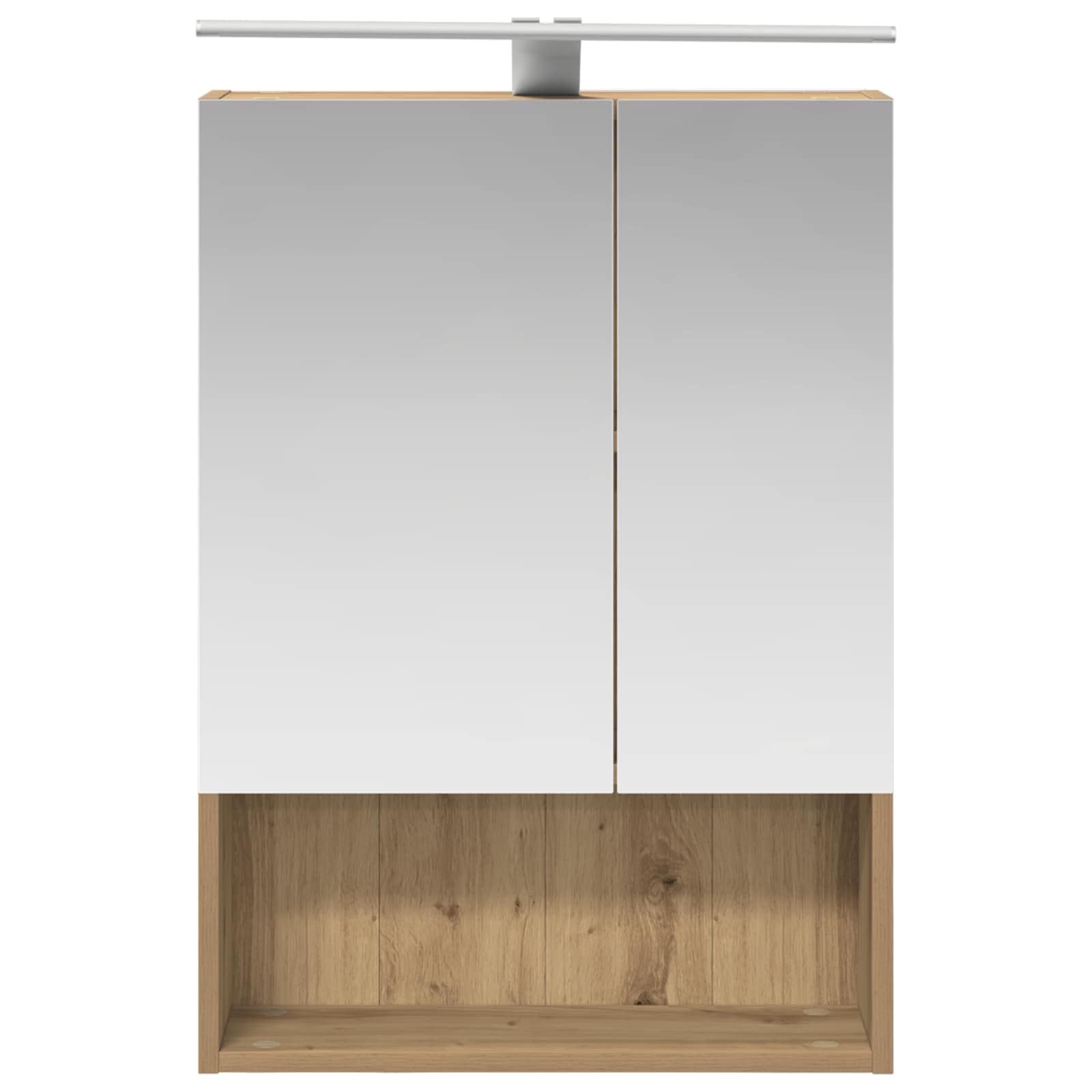 Szafka łazienkowa z lustrem, rzemiosło artystyczne, dąb, materiał drewnopochodny, 50 x 14,5 x 70 cm, z 2 półkami, paski LED, źródło zasilania USB, obustronne lustro montowane na ścianie, do