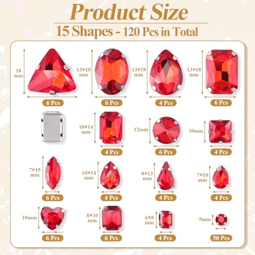 120 PCS Red Bedazzling Sew on Rhinestones, Mixed Shape Charms Claw Flatback Glass Rhinestone with Metal Base for Crafting, Large Gems for Clothes Shoes Hats Collars Bags & Sewing Accessories - Thumbnail 2