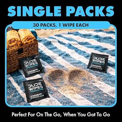 DUDE Wipes On-The-Go Unscented Travel Wipes - 2 Pack, 60 Count (Individually Wrapped) - Extra-Large Adult Flushable Wipes for Sensitive Skin - Infused with Vitamin E & Aloe - Septic and Sewer Safe
