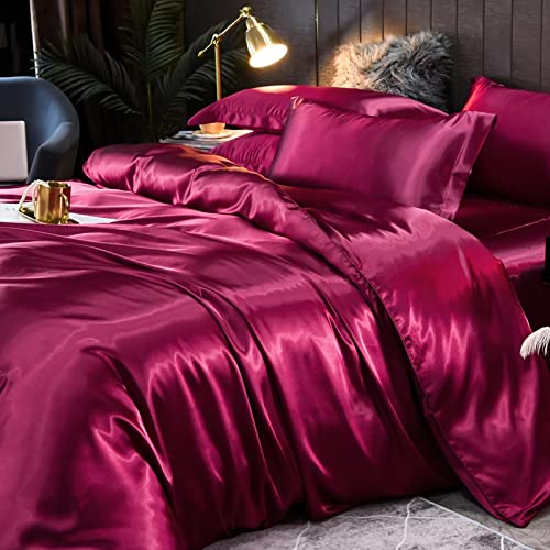 Lujoso juego de ropa de cama de seda roja de morera, funda de edredón de seda de hielo, fundas de almohada de satén de seda, agradable a la piel y transpirable, tamaño Queen (220 x 240 cm), juego de 4