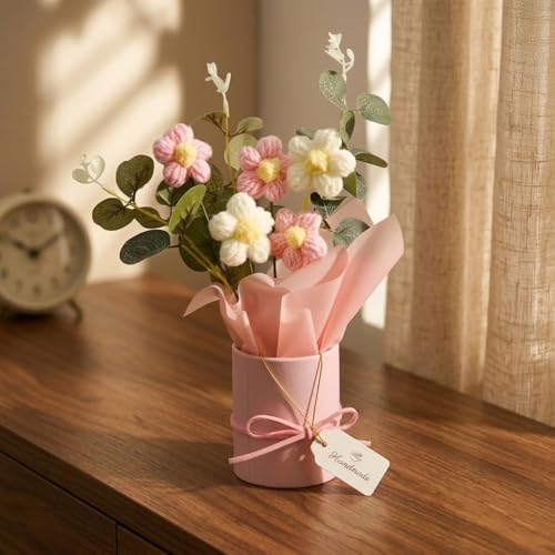 Image of Panchhi Store Handmade Crochet Flower Bouquet in Pink Vase, Aesthetic Room Decor for Bedroom, Unique Birthday Gift for Women & Girls, Anniversary Couple, Boho Artificial Table Decoration Items 1 pcs