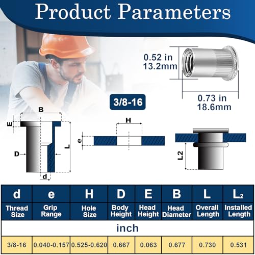 Image of 3 /8''-16 UNC Rivet Nut, 28Pcs 304 Stainless Steel Flat Head Rivnut Threaded Insert Nutsert