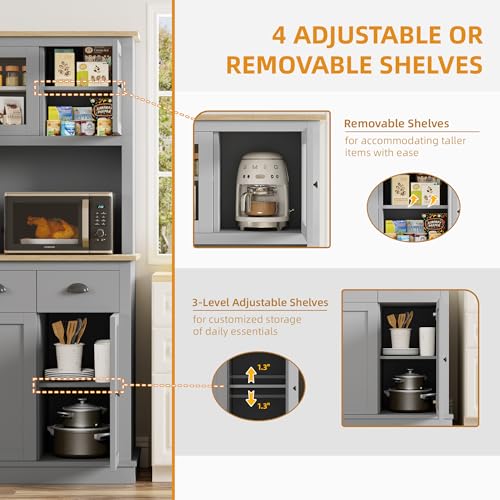 Buytime 71\" Kitchen Hutch with Charging Station, Tall Pantry Storage Cabinet with Microwave Stand, Adjustable Shelves, Slide Drawers, Large Buffet Pantry Cabinet for Kitchen, Dining Room, Grey