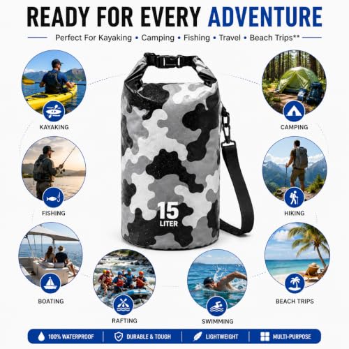 Image of Waterproof Dry Bag with Phone Case, 2L /3L /5L /10L /15L /20L /30L, Floating and Lightweight Bags for Kayaking Rafting Boating River Trekking-Multi Color (15 Liter Grey)