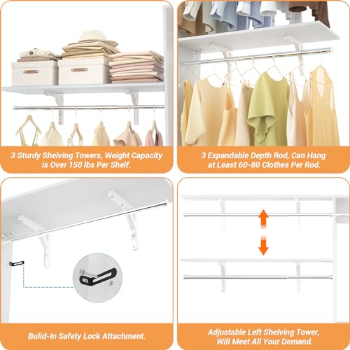 Armocity 96'' Closet System, 8FT Walk In Closet Organizer with 3 Shelving Towers, Heavy Duty Bedroom Wardrobe with 5 Shelves, Wall Mounted Clothes Rack (Can Be Cut To Fit), 96"L x 16"W x 75"H, White