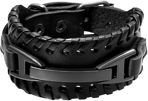 The Alpha Code 'BoltBound' Black Faux Leather Broad Band Cuff Bracelet | Punk Rock Bikers Wristband Style | Trendy Accesso...