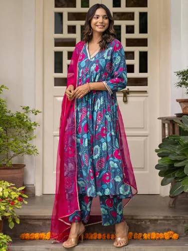 Image of Tee Projekt Women's Cotton Blend V-Neck Anarkali Kurta Pant with Dupatta Set