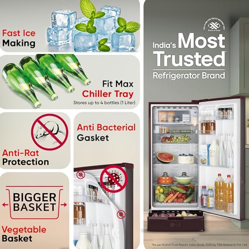 Image of LG 185 L, 4 Star, Direct-Cool, Smart Inverter Compressor, Single Door Refrigerator (GL-D199OSEY.ESEZPST, Scarlet Euphoria, Smart Connect, Solar Connect & Base stand with drawer)