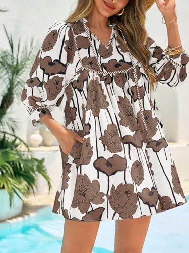Image of Cicy Bell Womens Floral Mini Dresses 3 /4 Balloon Sleeve V Neck Flowy Babydoll Dress Summer Beach Vacation Boho Outfits