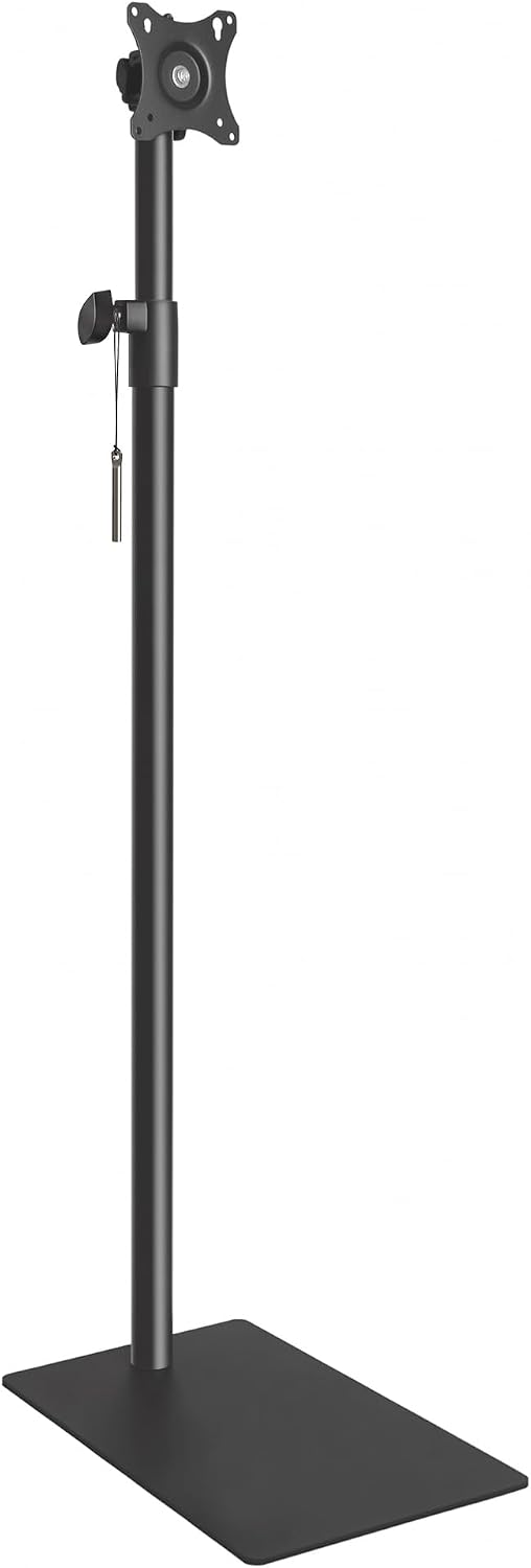 Close-up view of the VECELO Floor TV Stand components, including the base, pole, and TV mounting bracket.