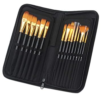 Asha Craft 12 pcs Professional Nylon Painting Pens Wooden Pole Acrylic Oil Watercolor Artist Paint Brush Set (Black, Golden with Carry Beg)