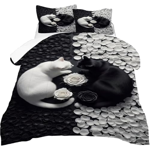 Image of Rose Cat Comforter Set Full Size Cute Black and White Animal Bedding Sets for Girls Boys Kids Adults Bedroom Decor Lover Romantic Quilt 1 Comforter 2 Pillowcases