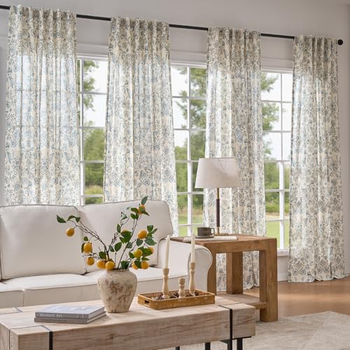 Image of jinchan Linen Floral Curtains for Living Room with Printed Flower 96 Inches Long Light Filtering Farmhouse Window Treatment Vintage Drapes Back Tab Rod Pocket 2 Panels Blue on Beige