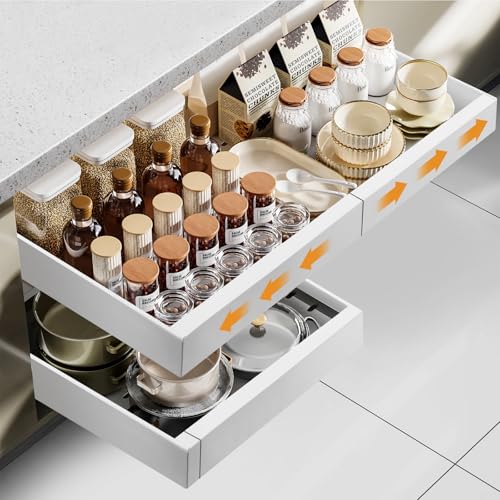 Cozary Cajones Extraibles para Cocina, Cajon Extraible Mueble Adhesivo, Organizador Telescópico Ajustable (32-52cm An X 42cm F X 7.5cm Al), Bandeja Extraible Armario, Acero al Carbono, Sin Taladrar