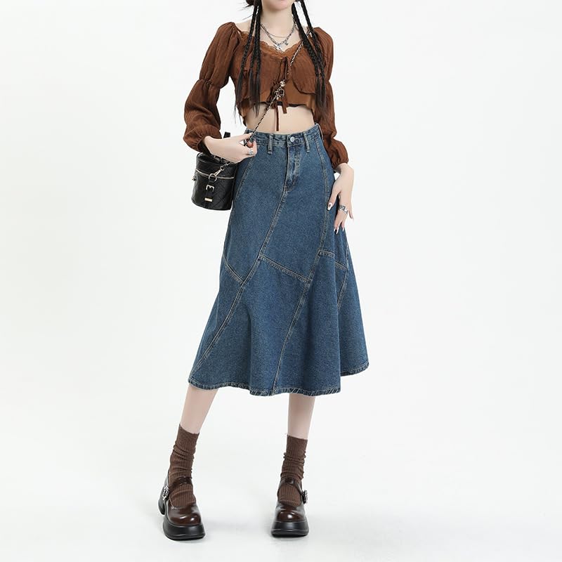 utcoco Women's High Waist Long Denim Skirt Stitch Ruffle Swing A-Line Jean Midi Skirt with Pockets4