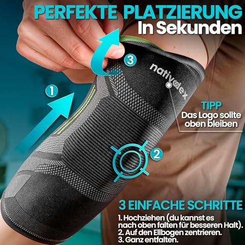 NativoDex Ellenbogenbandage – Kompressionsbandage für Ellenbogen, Bandage für Tennisarm, Golferarm, Sehnenentzündung, Arthrose, Sport - Armbandage Herren und Damen