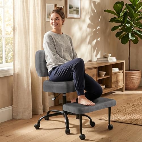 Image of Ergonomic Criss Cross Legged Office Chair, ADHD Chair, 360 Swivel Meditation Kneeling Chair with Wheels, Adjustable Footrest, Bigger & Wider Height Adjustable Seat, Strong Lumbar Support, Greycloth