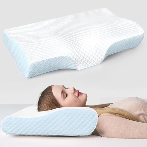 Cervical Sleeping Pillow for Spondylitis, Back & Neck Pain Relief, Memory Foam Contour (49 x 32 x 10 cm) Removable Cover, Supports Back/Side/Stomach Sleepers, Anti-Snoring (Sky)
