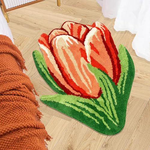 USTIDE Floral Shaped Rug Vibrant Tulip Flower Area Rug Fluffy Handmade Bathroom Rug Modern Carpets Floor Mats for Bedroom, Laundry Room, Hallway, and Bathroom High Pile