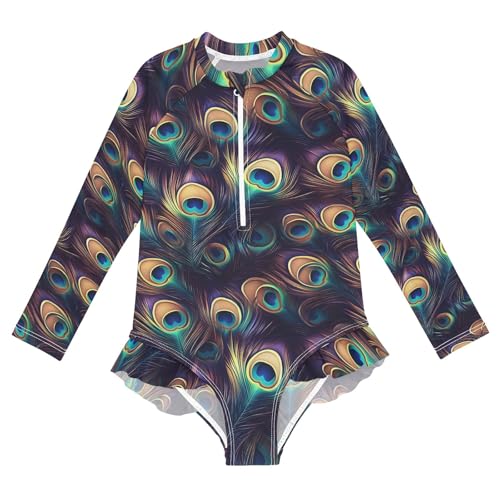 Mysterious Peacock Feathers Pattern Girls Long Sleeve Swimsuit Rash Guard One Piece Bathing Suits Zipper 3-12T