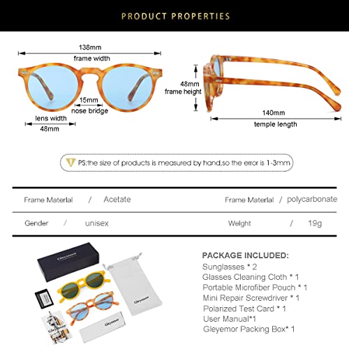 Image of Gleyemor Vintage Polarized Sunglasses for Men Round Sunglasses UV400 Protection Retro Hand-crafted Acetate Frame