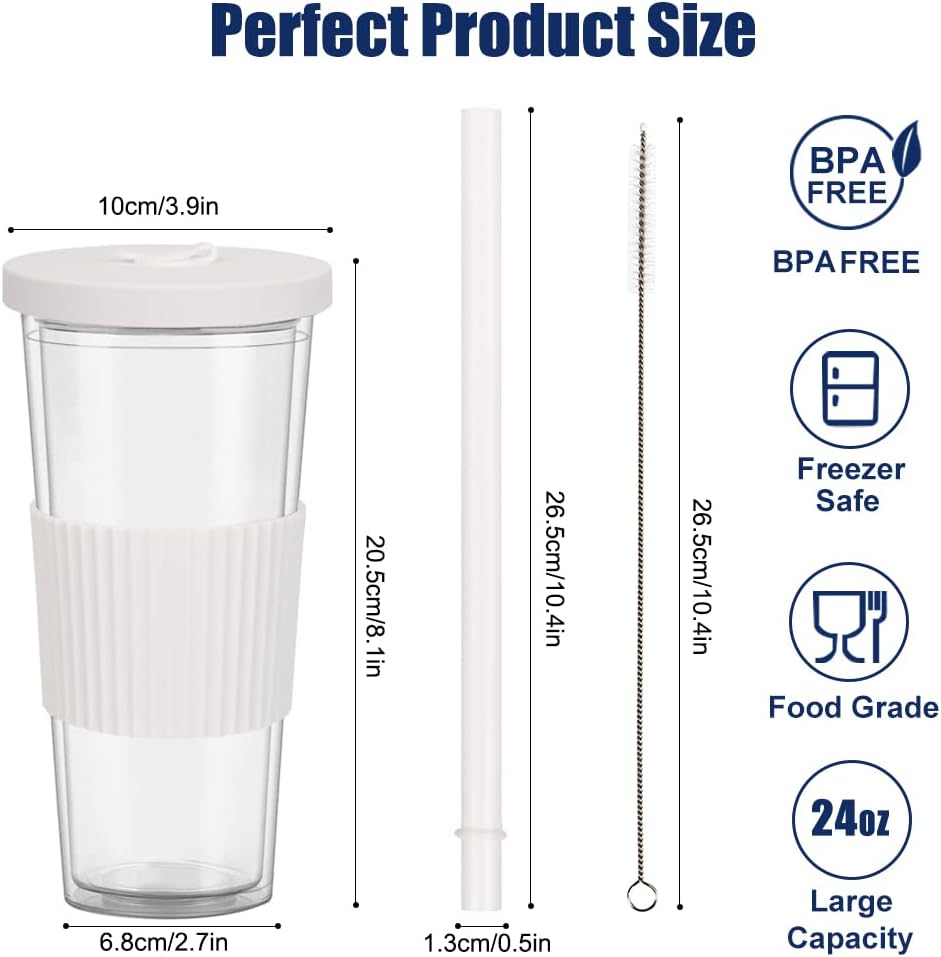 2 Pack Reusable Boba Tea Cups, 24oz Iced Coffee Cup with Straw and Lid, Leakproof Clear Plastic Cups Tumbler, Double Wall Insulated Smoothie Tumbler, Wide Straw for Bubble Tea, Black and White - Image 3