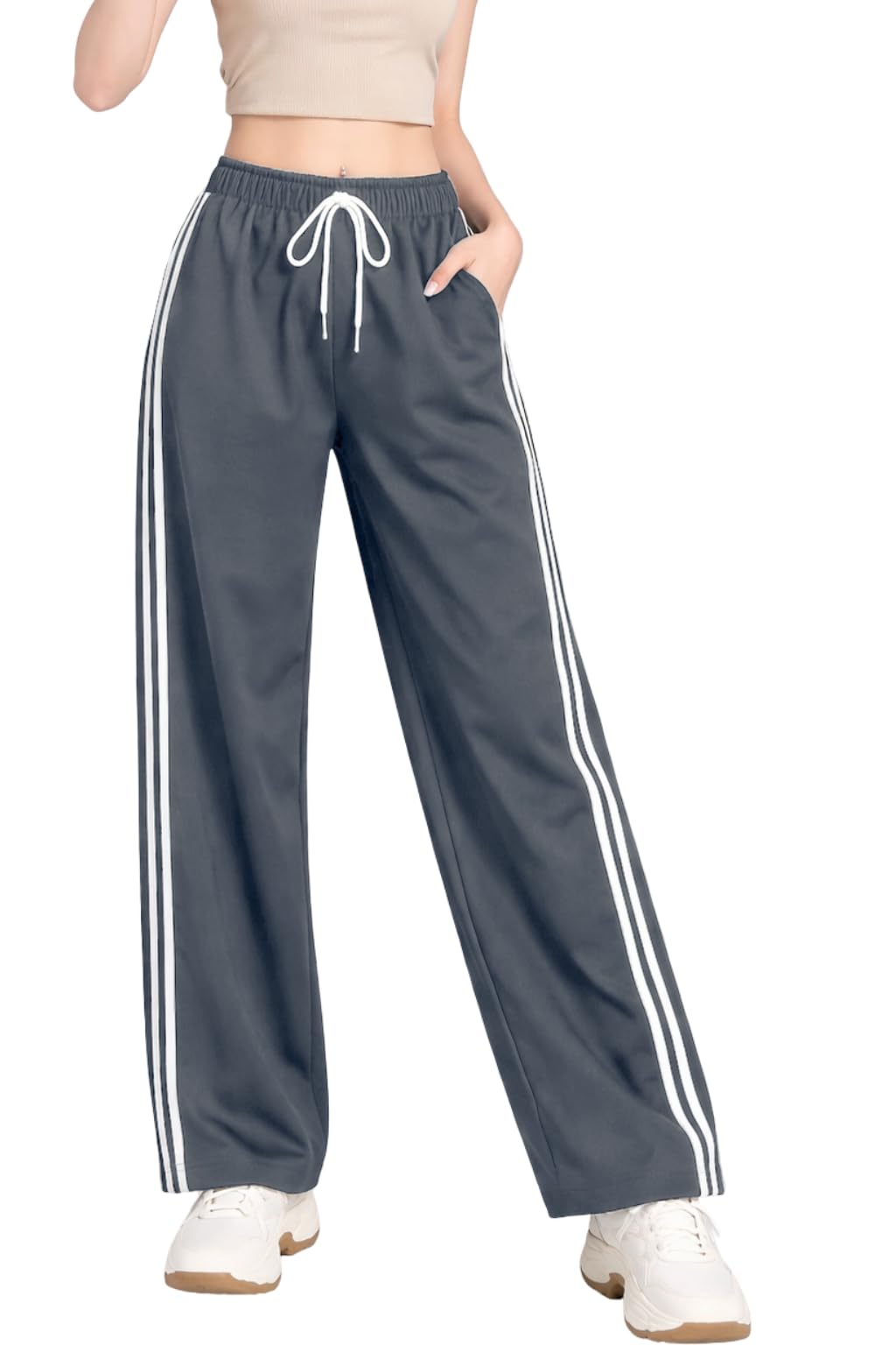chicstit Women Track Pant | Women's Wide Leg Track Pants High Waist Drawstring Sweatpants with Side Stripes, Casual Loose Fit Lounge Joggers, Darkgrey-picture-38