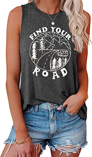 Graphic Tank Tops for Women Sleeveless Workout Tops Summer Casual Loose Fit Blouses (XX-Large, A-GreyRoad)