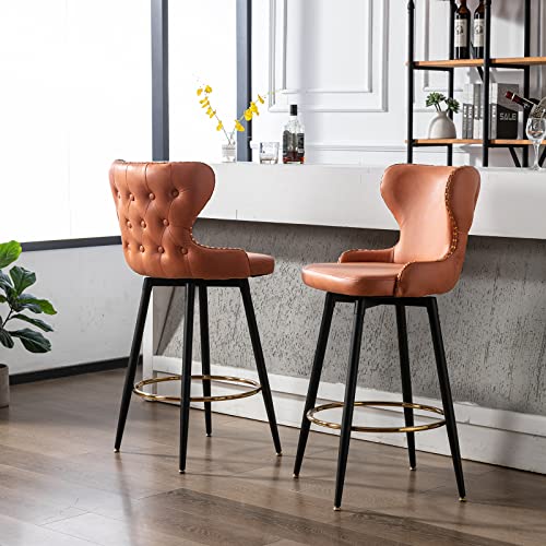 Aoowow Swivel Bar Height Stools Set Of 2, 28.7 Inch Tufted Bar Chair With Wingback And Footrest, Counter Stool With Nailhead Trim And Metal Base For Kitchen Island Restaurant Pub Counter (Orange) #TOP5