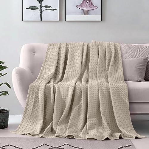 Image of Elegant Comfort Premium 100% Cotton Waffle Blanket - Lightweight Breathable Waffle Weave Bed Blanket - Soft and Warm All Season Blanket for Couch, Sofa and Bed, Queen Size 90x90 Inches, Linen