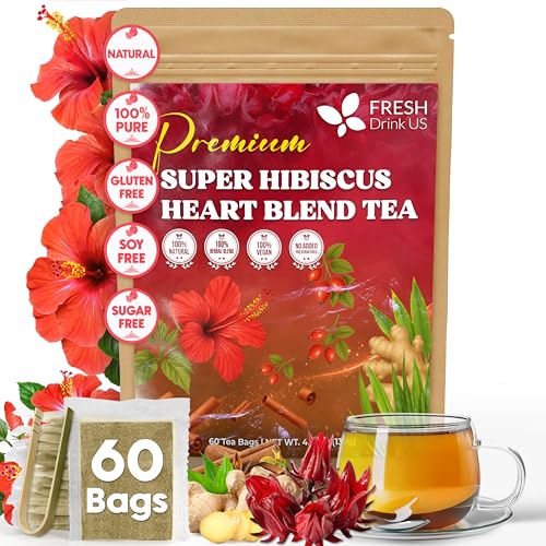 Image of FreshDrinkUS, 60 Tea Bags Super Hibiscus Heart Blend- Herbal Tea with Hibiscus Flower, Ginger, Cinnamon Stick, Lemongrass & Rose Hip - Naturally Caffeine-Free, Sugar-Free, Vegan