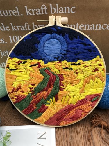 Image of Meecaa Night Sky Embroidery Kit Starter Set, Hand Embroidery Set,Pattern Printed Cross Stitch Set for Beginner Adults, with Embroidery Hoop and Instructions (Night Sky)