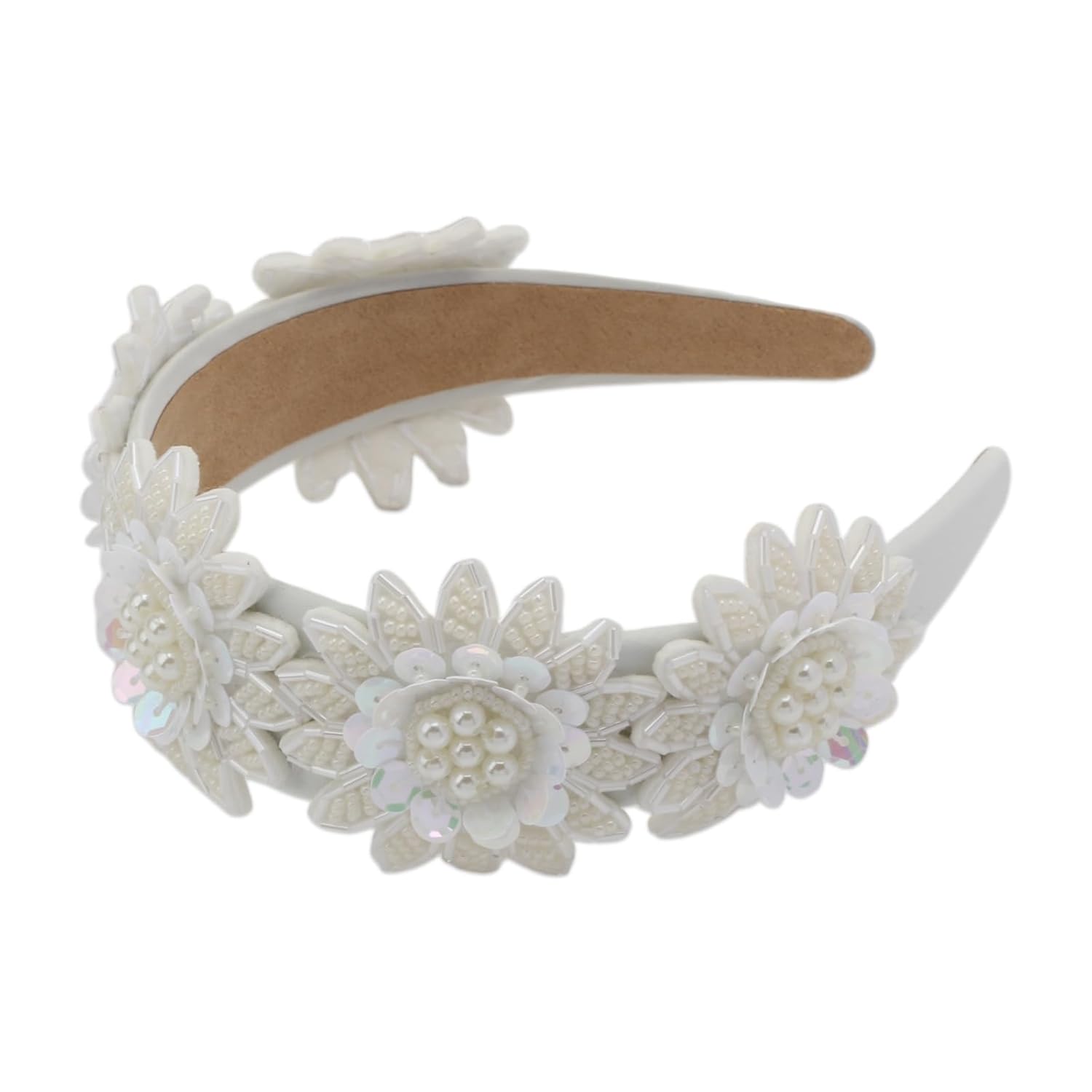 Floral Pearl Bead Headband for Women Sequin Elegant Decorative Flower Leaf Fashion Hairband Hair Head Accessories (H1089-white) - Image 5