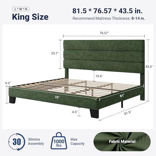 Image of Allewie King Size Platform Bed Frame with Velvet Upholstered Headboard and Wooden Slats Support, Fully Upholstered Mattress Foundation /No Box Spring Needed /Easy Assembly, Green
