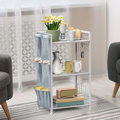 YBING 3 Tier Bathroom Storage Shelf, Small Shelf with Bags and Hanging Hooks, Corner Open Floor Shelves, Freestanding Shelf for Living Room, Gray - image 8