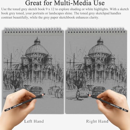 Image of Fuxi Toned Grey Sketch Pad, 9x12 Spiral Sketchbook, 60 Sheets (85lb /130gsm) Art Paper, Artist Paper for Drawing with Pencil, Charcoal for Artists & Students, Art Class.