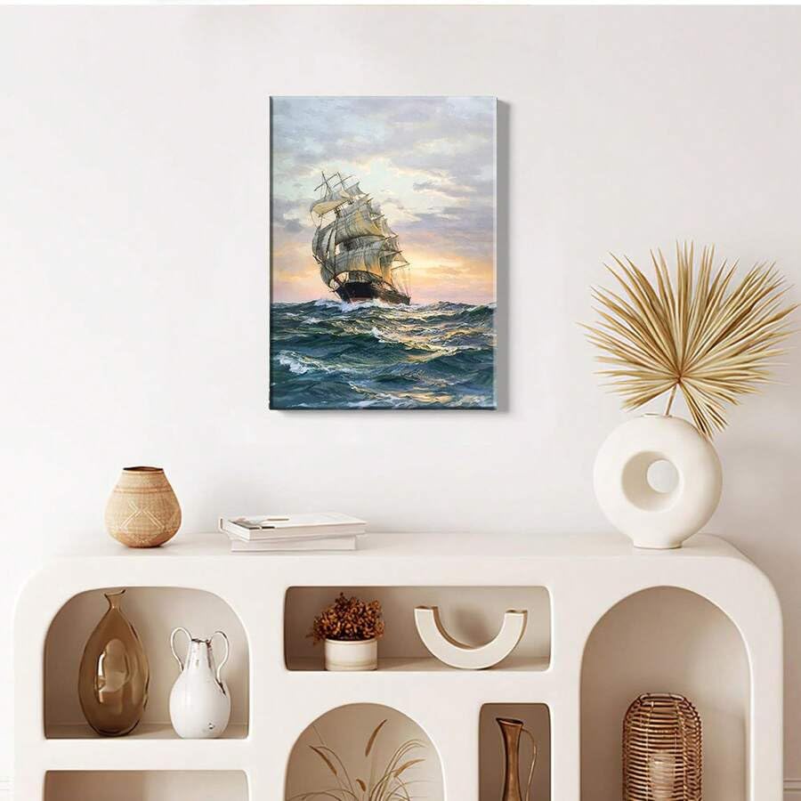 Décoration murale verticale coucher de soleil et voilier en mer
