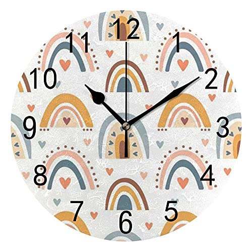 Hapuxt Wall Clock PVC 9.8 Inch Cute Boho Rainbows Pastel Color Non Ticking Silent Round Battery Operated Home Decorative Kitchen Office Living Room Bedroom