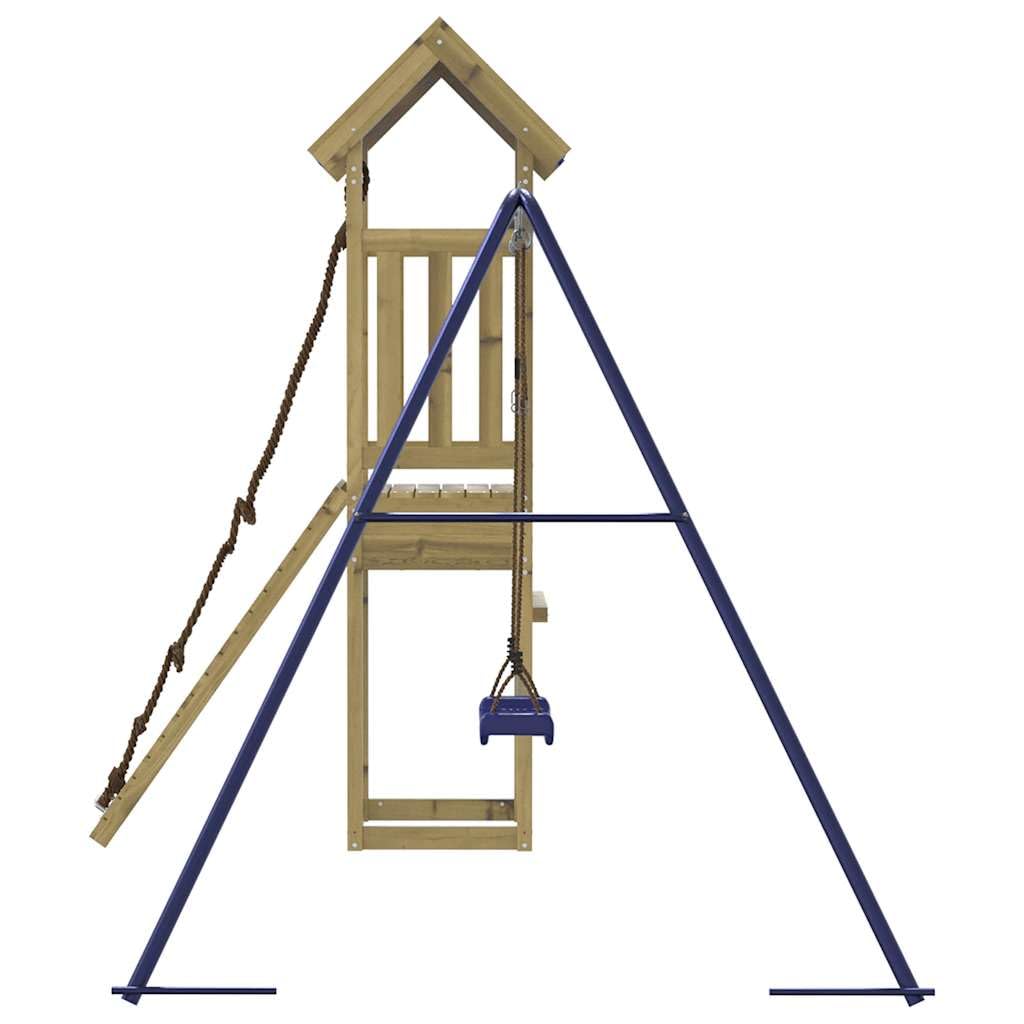 Torre de juegos de madera de pino impregnada con columpio, estructura de escalada, caja de arena y tobogán, casa de juegos al aire libre para niños en el jardín, resistente estructura de