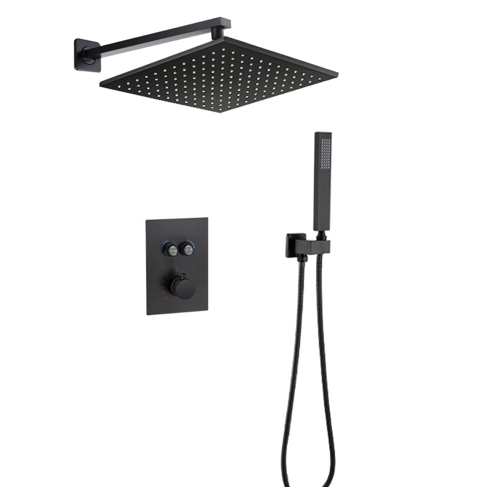 Mitigeur de douche thermostatique noir encastré avec pommeau carré et flexible bifonctionnel