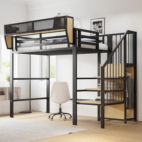 Idemon Letto a soppalco 90 x 200 cm, con scala di sicurezza e vano portaoggetti flessibile, letto in metallo per adulti, letto a soppalco per adolescenti (nero)