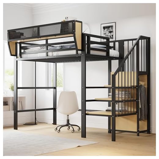 Merax Lit Mezzanine 90x200 cm en métal, avec échelle sécurisée, étagère de Rangement Amovible, lit surélevé Adulte/Enfant, Noir (sans Matelas)
